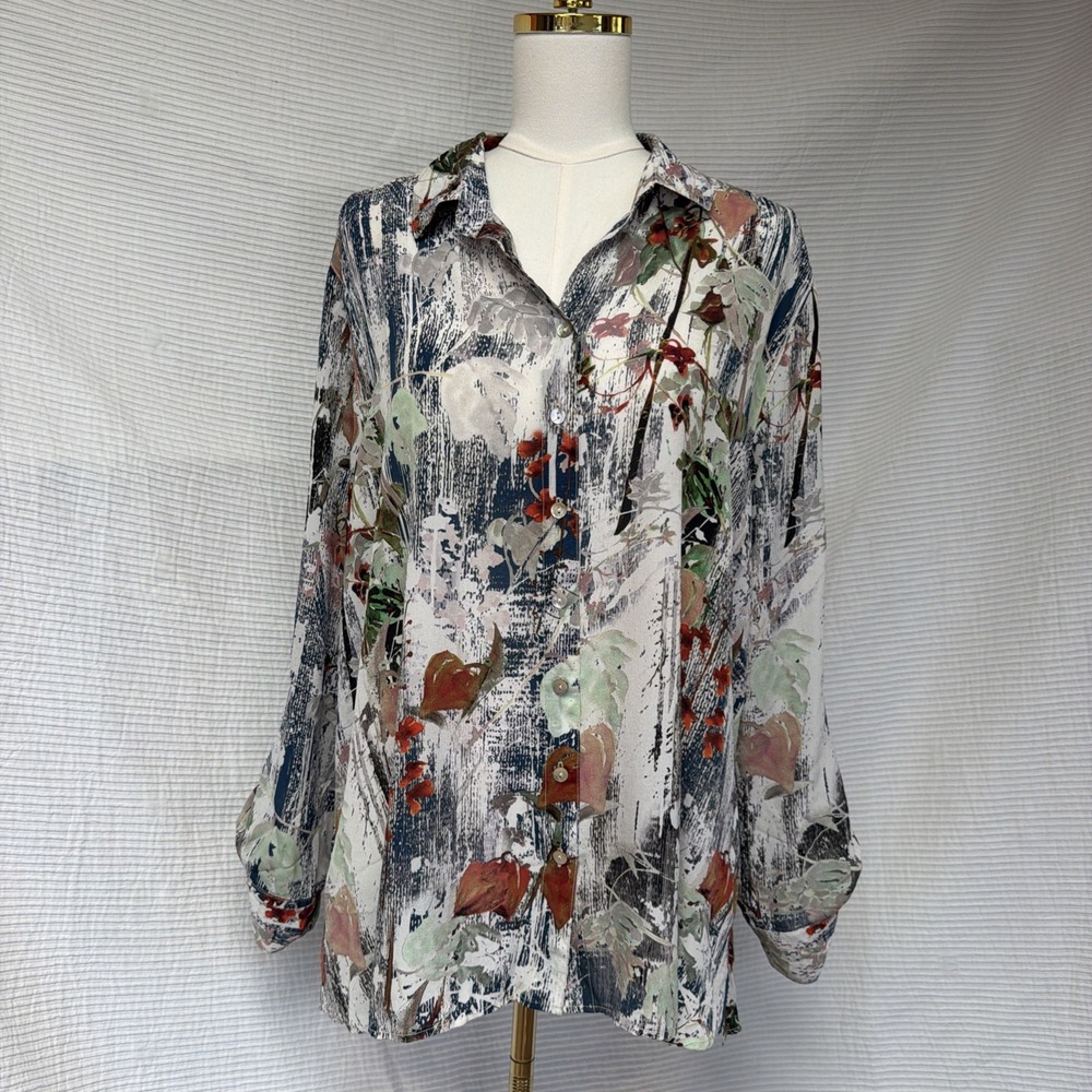 Tianello By Steve Barraza Silk Button Up Shirt Size XL Floral Art To Wear Artsy